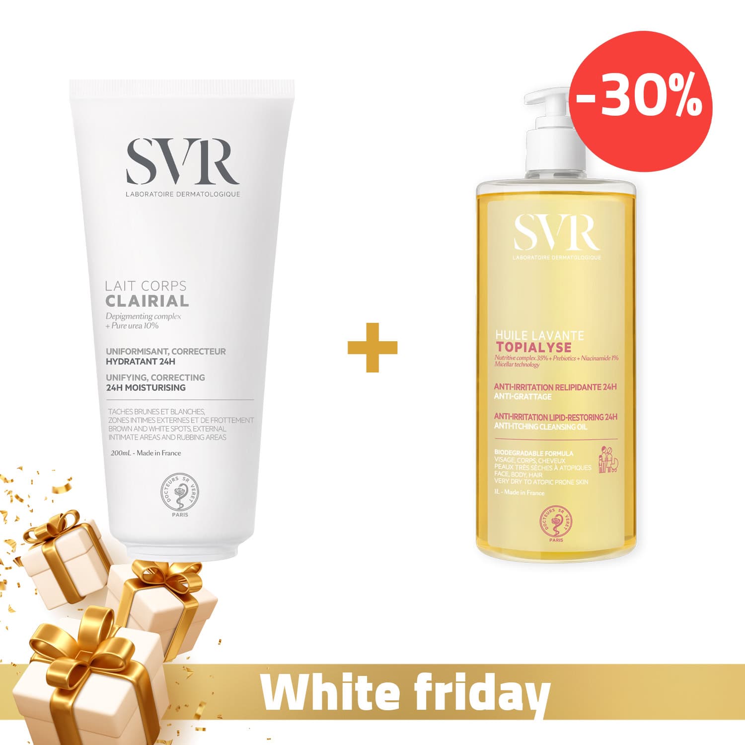 SVR Clairial Lait De Corps 200ml + SVR Topialyse Huile Lavante Micellaire 1L (-30%)