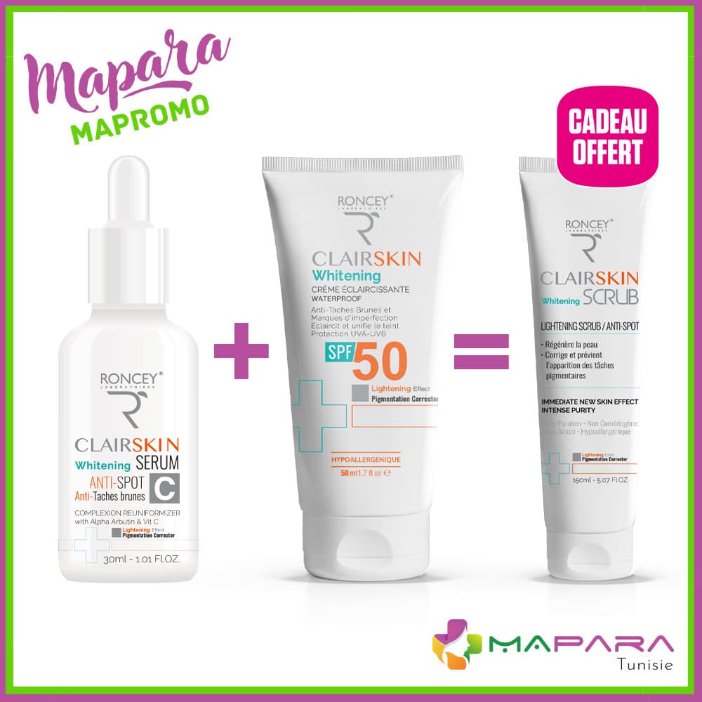 Roncey Coffret Clairskin – Serum Eclaircissant Anti‑taches 30ml + Creme Visage Eclaircissante Spf50 50ml + Clairskin Whitening Scrub 150ml Offert