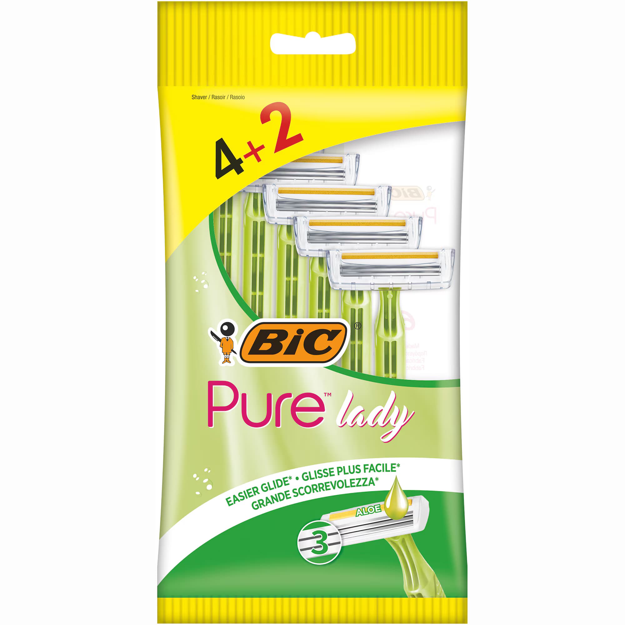 Bic Pure Lady Rasoirs Jetables Femme 3 Lames En Extrait D’aloe Vera 4+2 Pieces