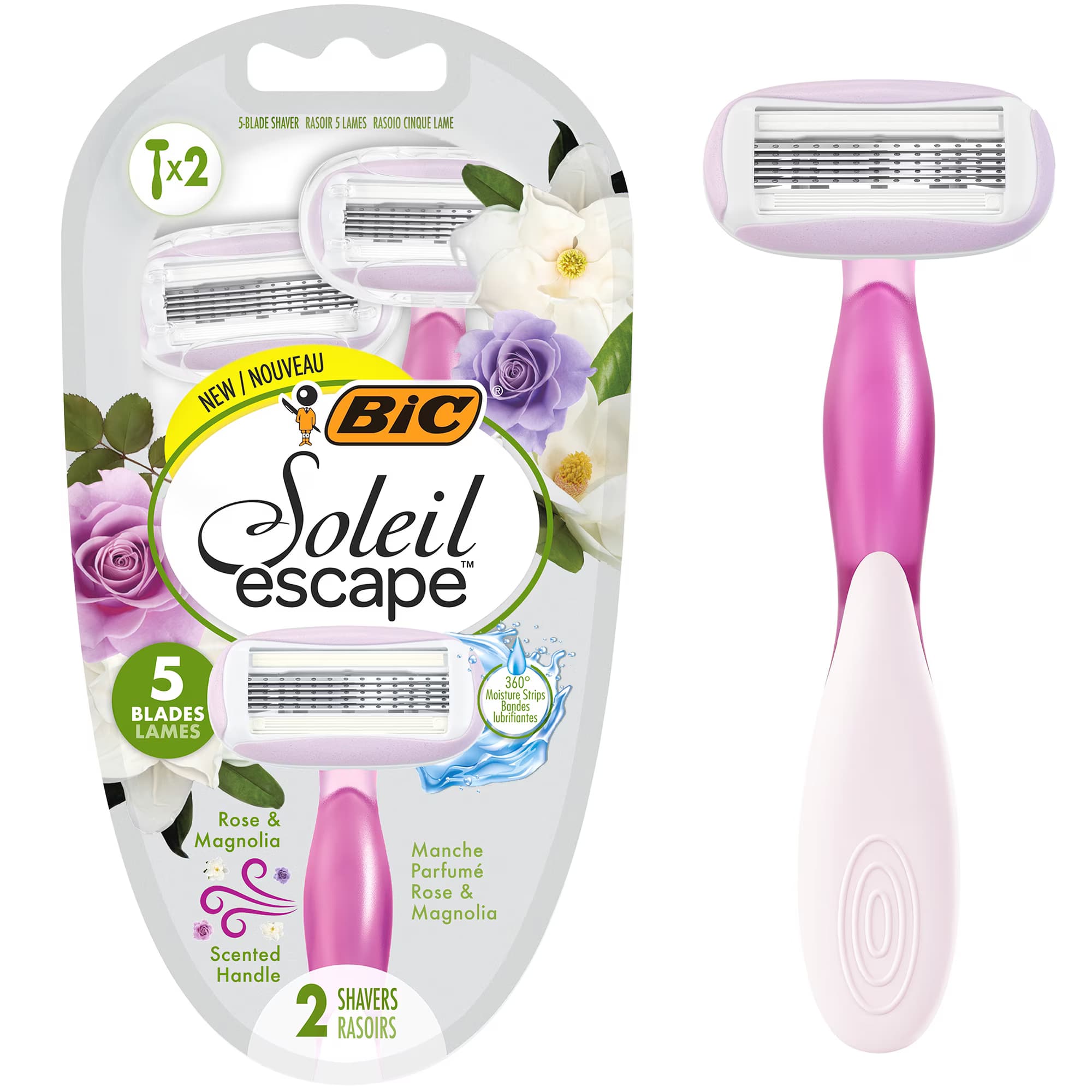 Bic Soleil Escape Rasoirs Femmes 5 Lames Rose Et Magnolia Enrichie En Huile D’amande Douce 2 Pieces