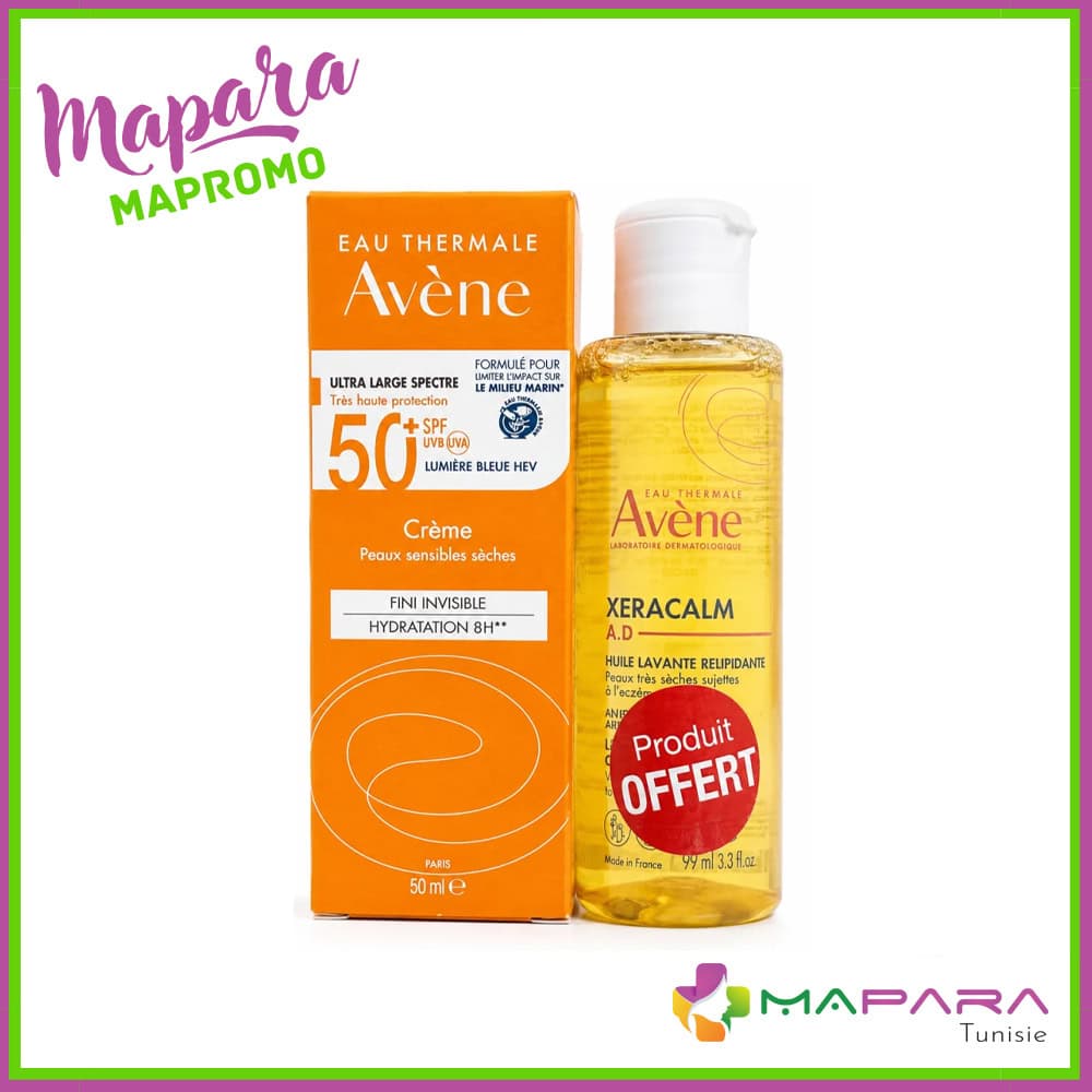 Avene Soin Solaire Peaux Sensibles Seches SPF 50+ 50ml + Xeracalm A.d Huile Lavante 100ml Offerte