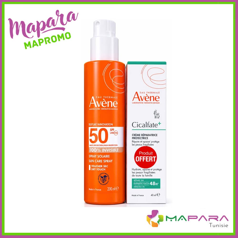 Avene Spray Solaire Invisible SPF 50+ Adulte 200ml + Cicalfate+ Creme Reparatrice 40ml Offerte